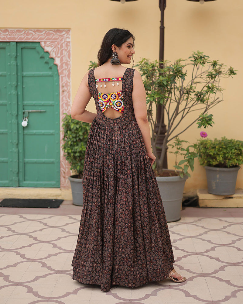 Navratri Special Black Color Cotton Printed Gown