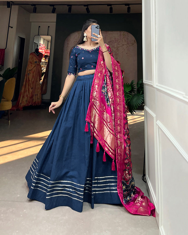 Navy Blue Color Pure Cotton Lehenga Choli