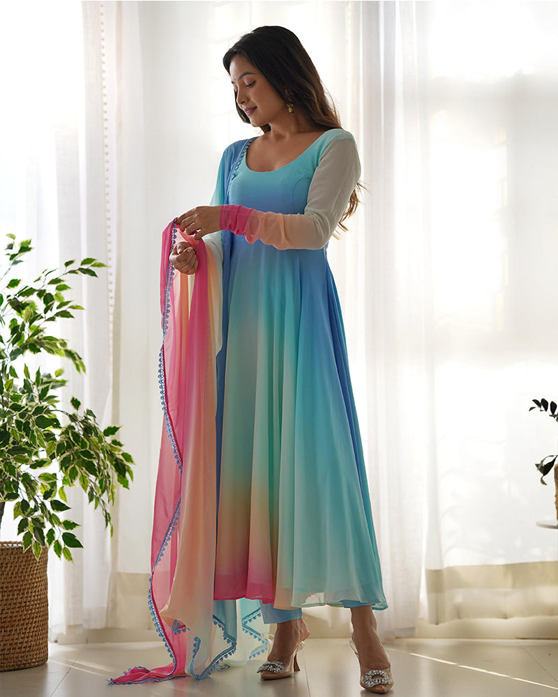 Multi Color Georgette Anarkali With Pant And Dupatta