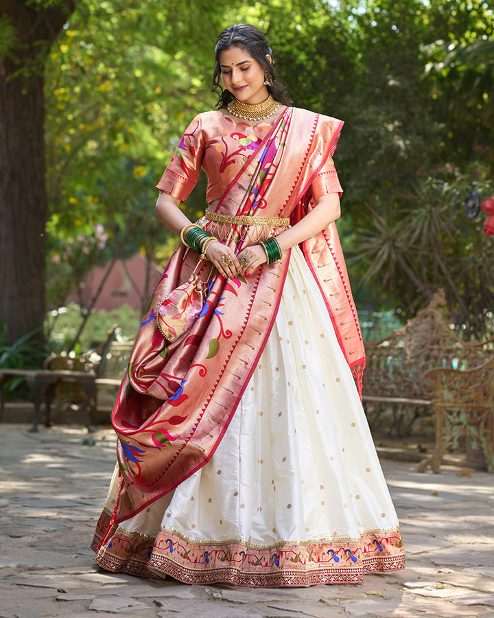 White Color Jacquard Paithani Silk Lehenga Choli