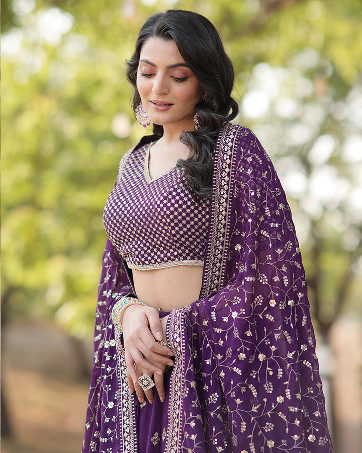 Wedding Wear Dark Purple Color Blooming Embroidered Lehenga Choli