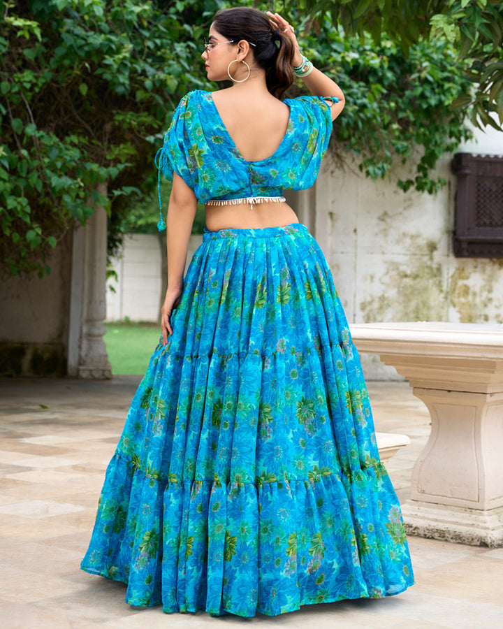 Sky Blue Color Chiffon Floral Printed Lehenga Choli