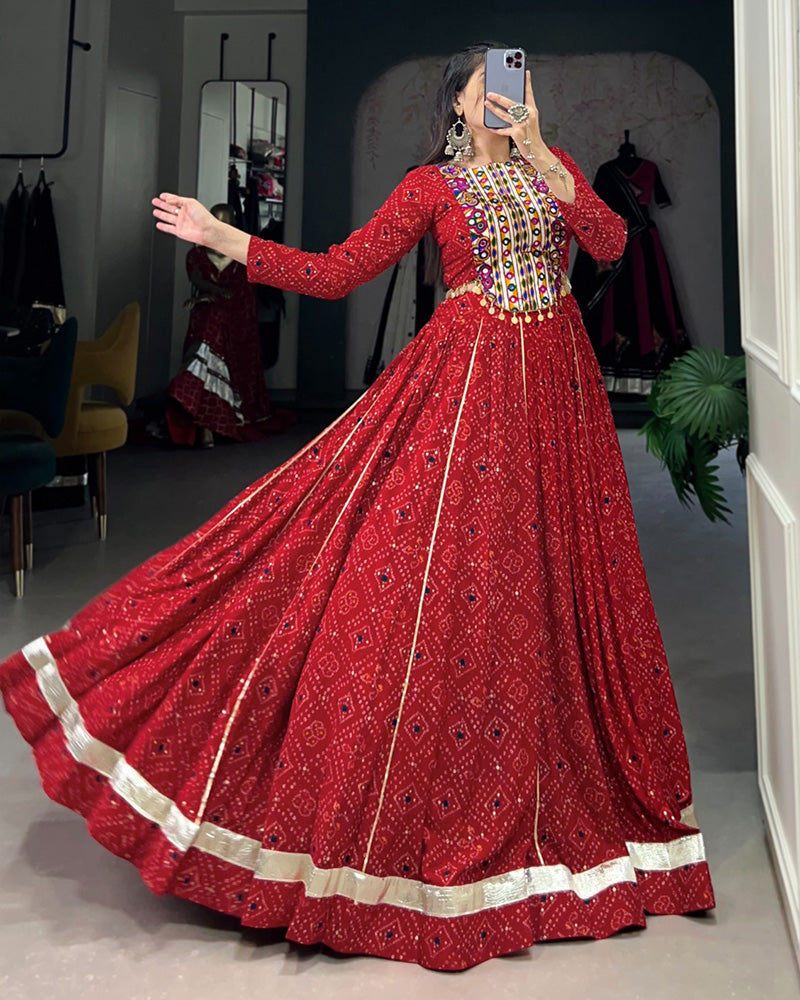 Red Color Rayon Foil Printed Navratri Lehenga Choli