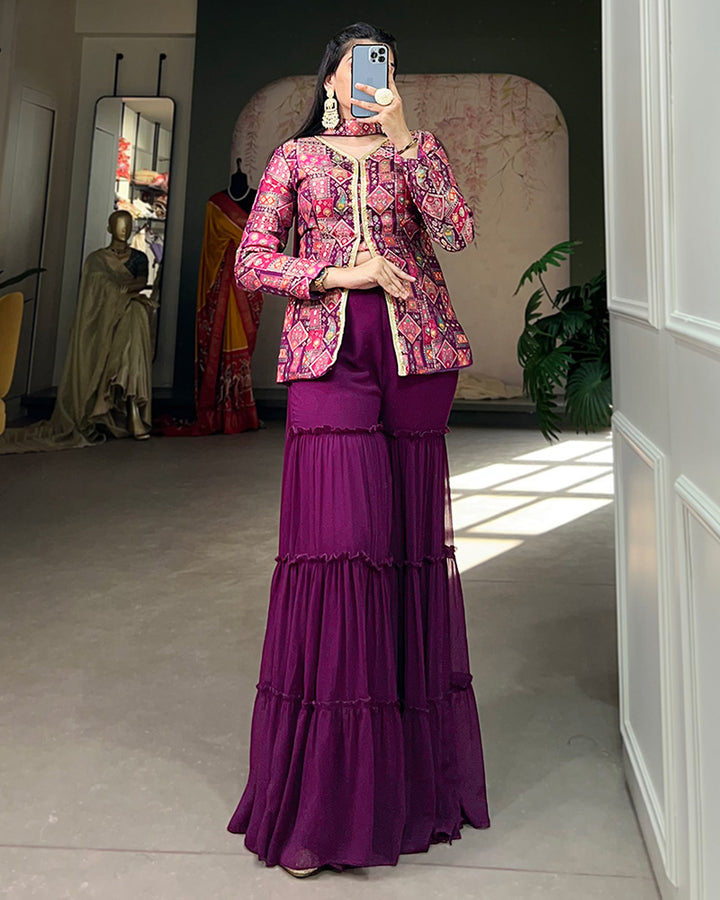 Purple Color Jacquard Silk Kurti With Georgette Plazzo Suit