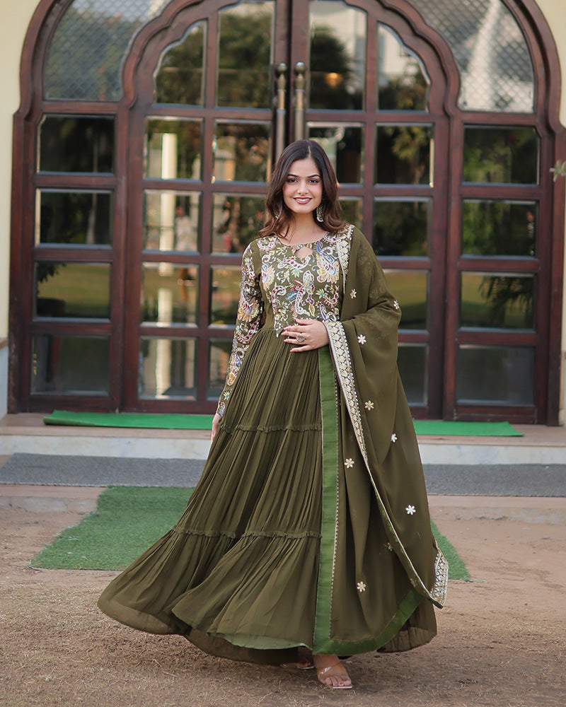 Designer Mehndi Color Georgette Frill Anarkali Gown With Dupatta