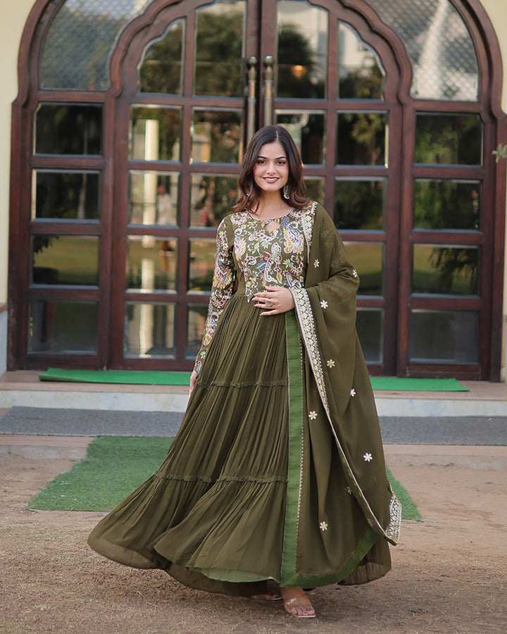 Designer Mehndi Color Georgette Frill Anarkali Gown With Dupatta