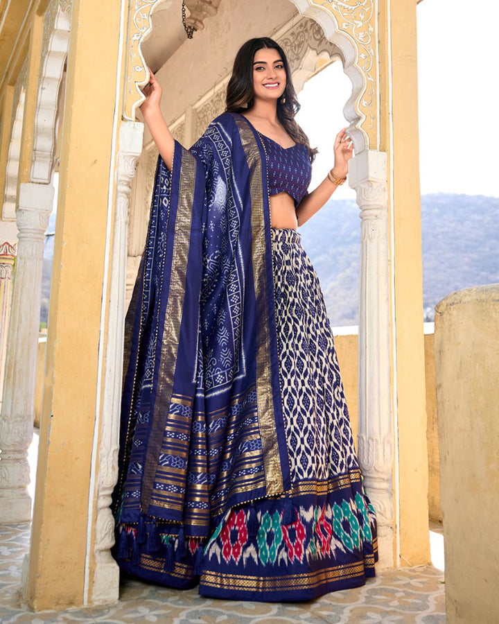 Navy Blue Color Tussar Silk Ikkat And Foil Work Lehenga Choli