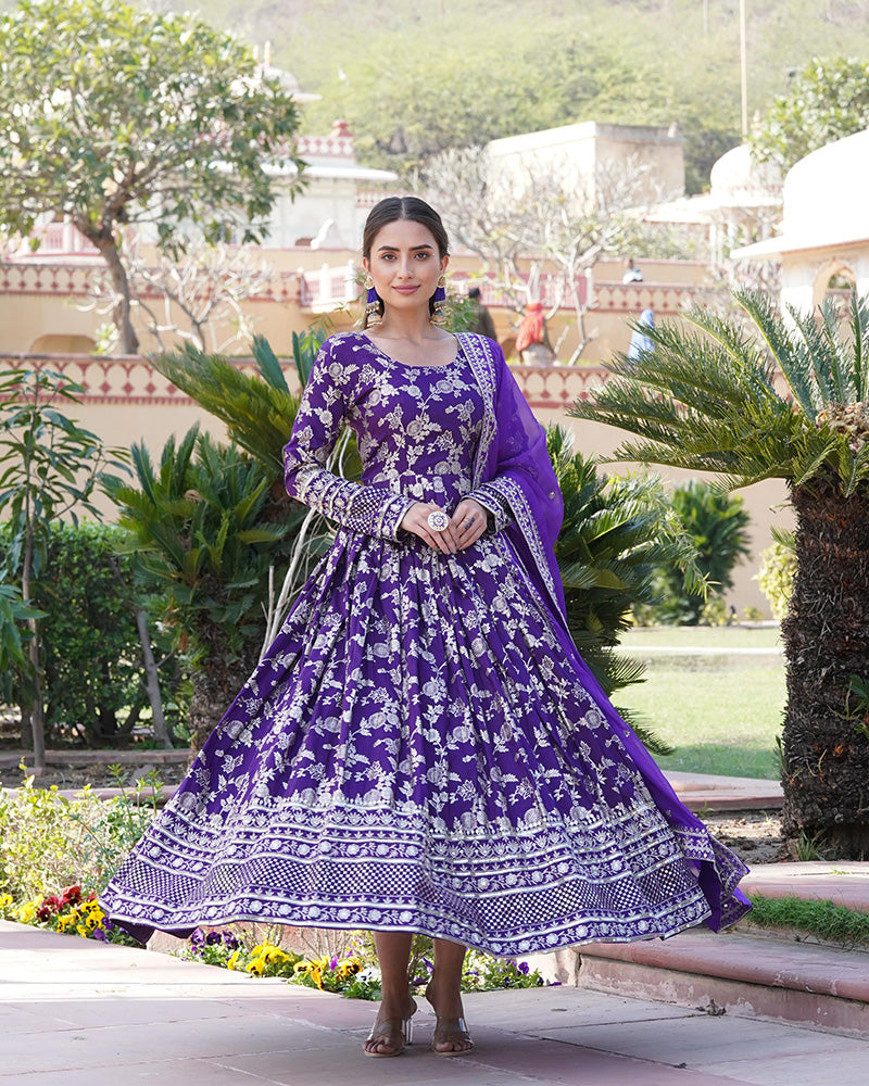Beautiful Purple Color Viscose Jacquard Gown With Russian Silk Dupatta