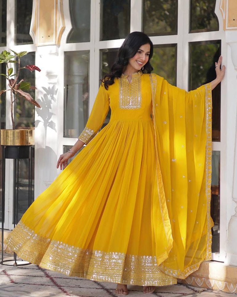 Designer Yellow Color Gown With Sequence Embroidered Dupatta