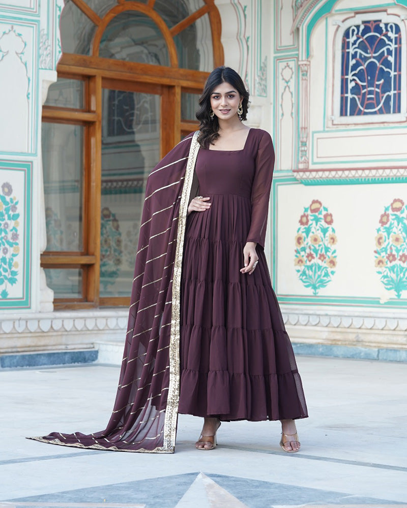 Brown Color Georgette Frill Anarkali Gown With Heavy Dupatta Work