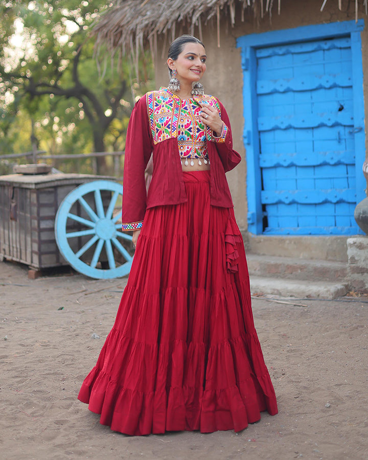 Maroon Color Rayon Frill And Embroidered Navratri Lehenga Choli