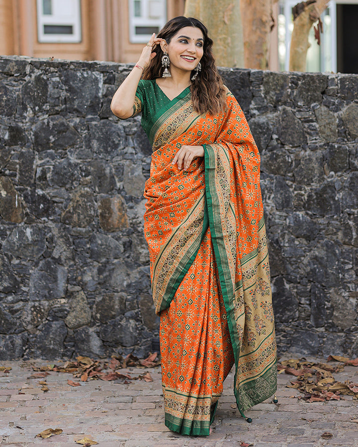 Orange Color Foil Print Stone Work Dola Silk Saree