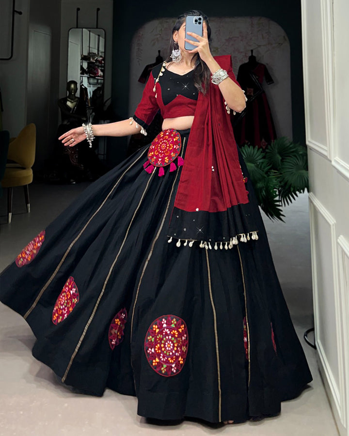 Red And Black Color Pure Cotton Gamthi Work Navratri Lehenga Choli