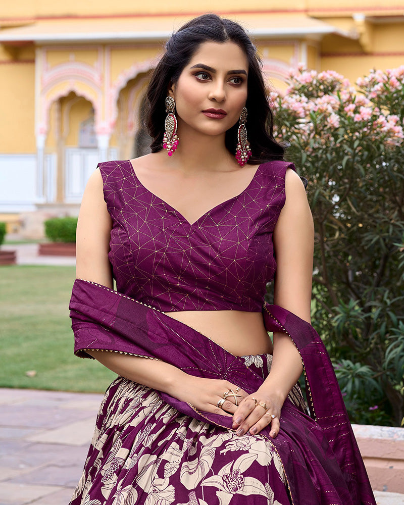 Wine Color Floral And Foil Print Tussar Silk Lehenga Choli