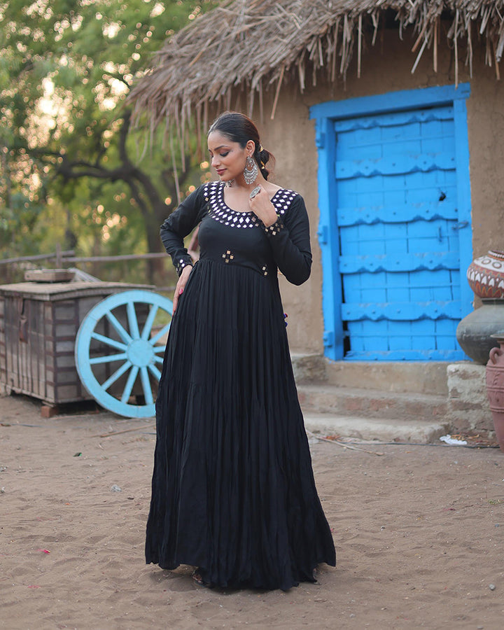 Navratri Special Black Color Reyon Mirror Work Gown