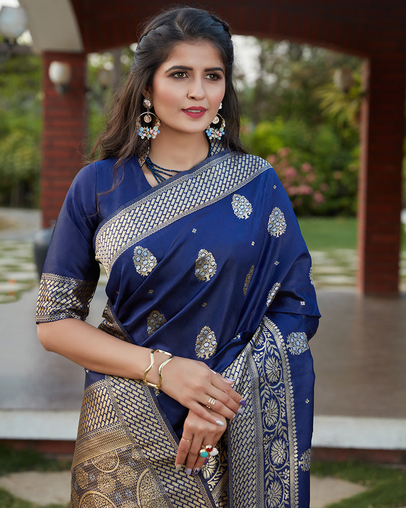 Beautiful Navy Blue Color Banarasi Weaving  Silk Saree