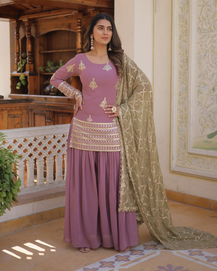 Onion Color Faux Georgette Three Piece Plazzo Suit