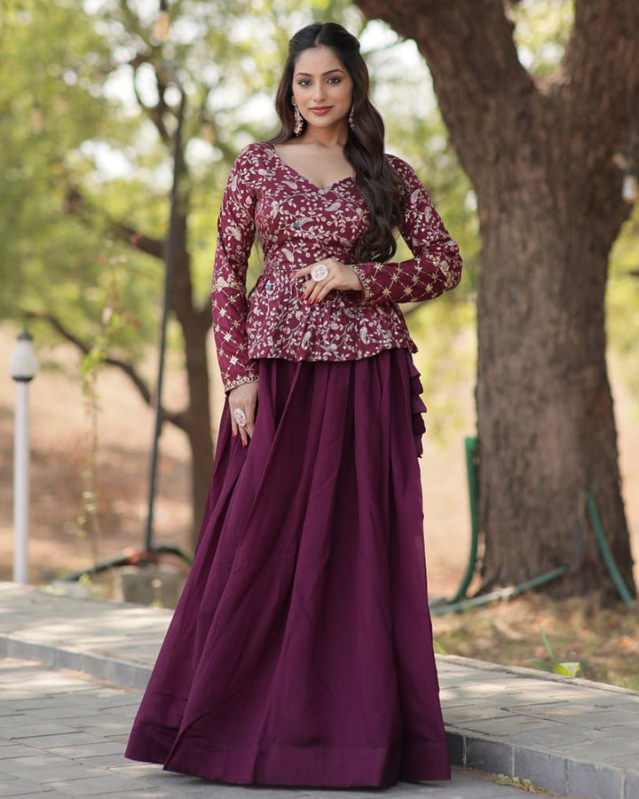 Designer Wine Color Vichitra Shimmer Crop Top Lehenga Choli