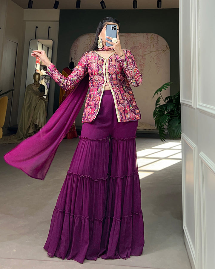 Purple Color Jacquard Silk Kurti With Georgette Plazzo Suit