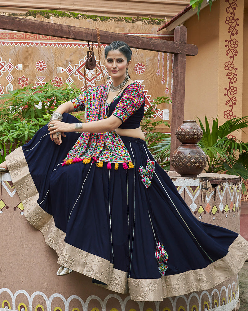 Navy Blue Color Viscose Rayon Fully Stitched Navratri Lehenga Choli