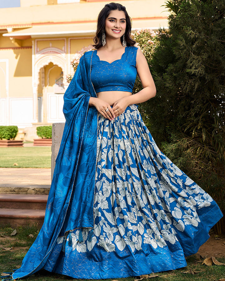 Royal Blue Color Floral And Foil Print Tussar Silk Lehenga Choli