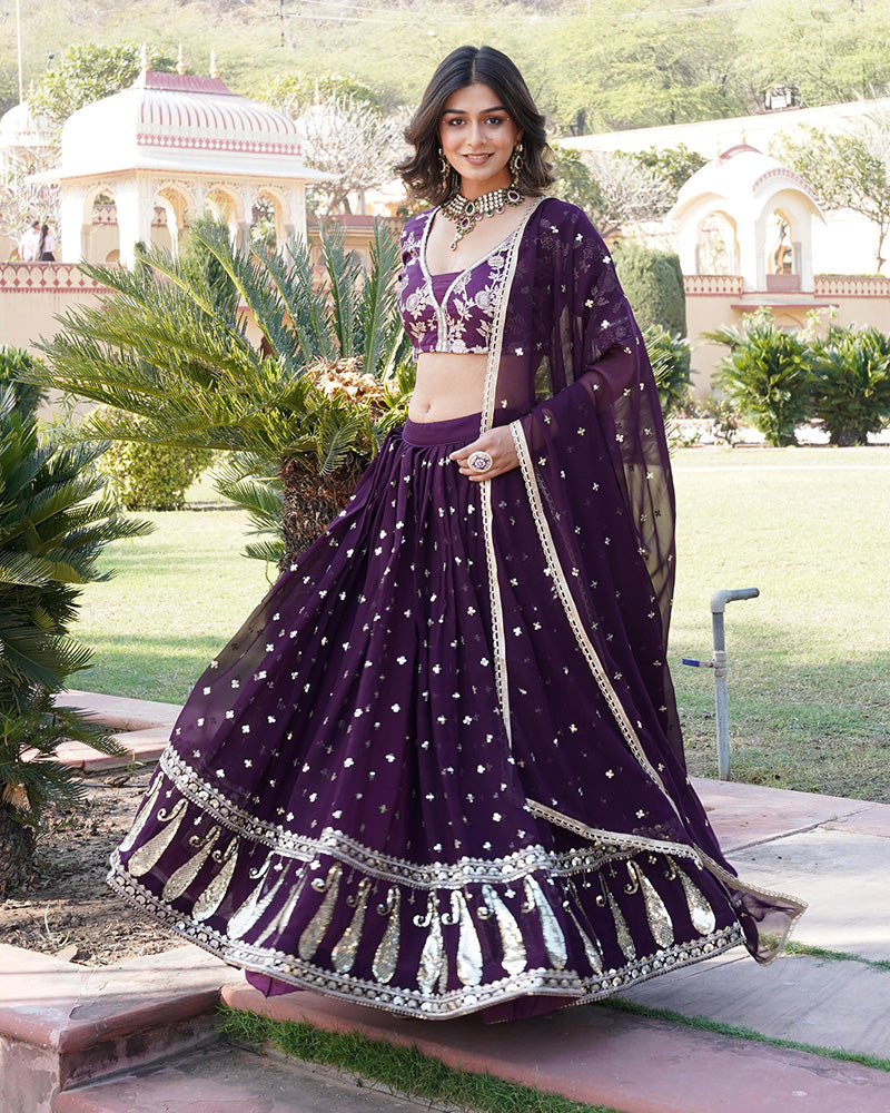 Wedding Wear Wine Color Blooming Embroidery Lehenga Choli