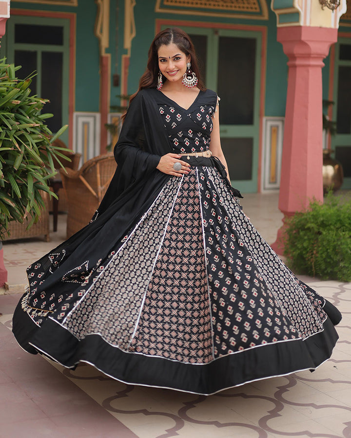 Navratri Wear Black Color Rayon Kali Pattern Printed Lehenga Choli