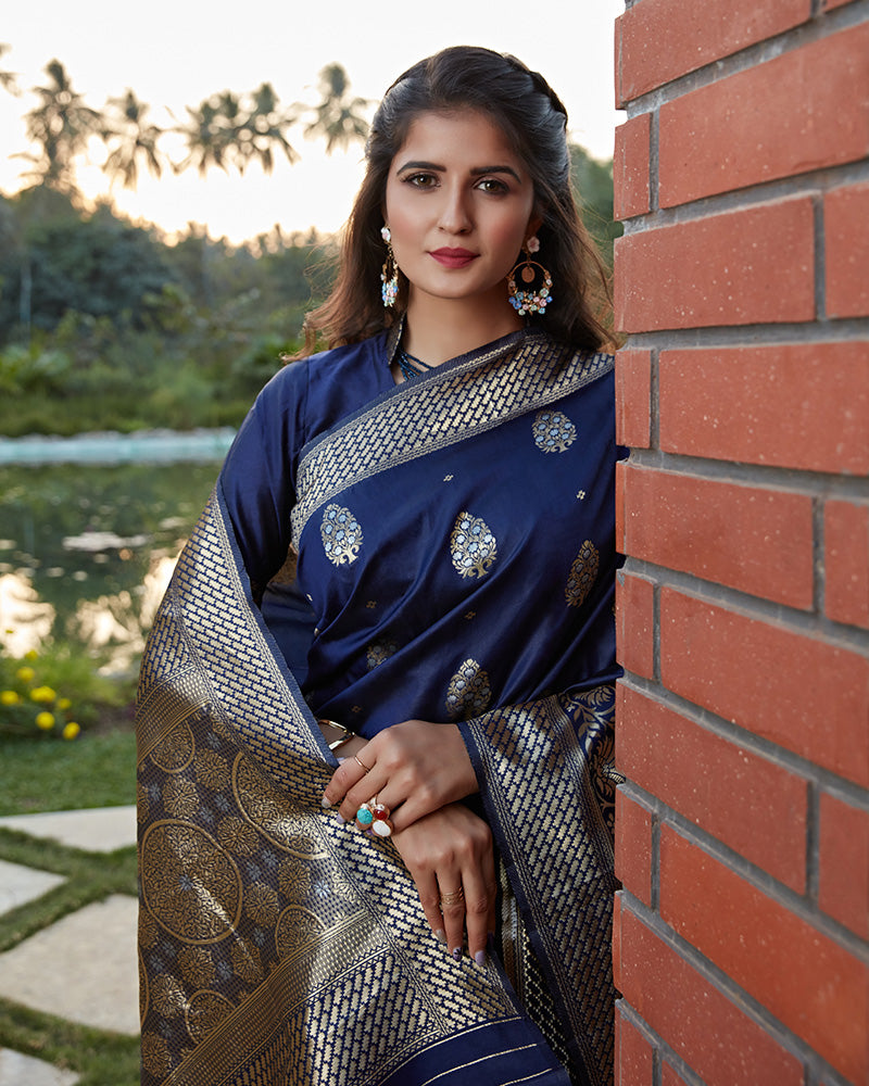 Beautiful Navy Blue Color Banarasi Weaving  Silk Saree