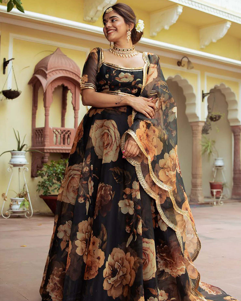 Black Color Organza Printed Lehenga Choli