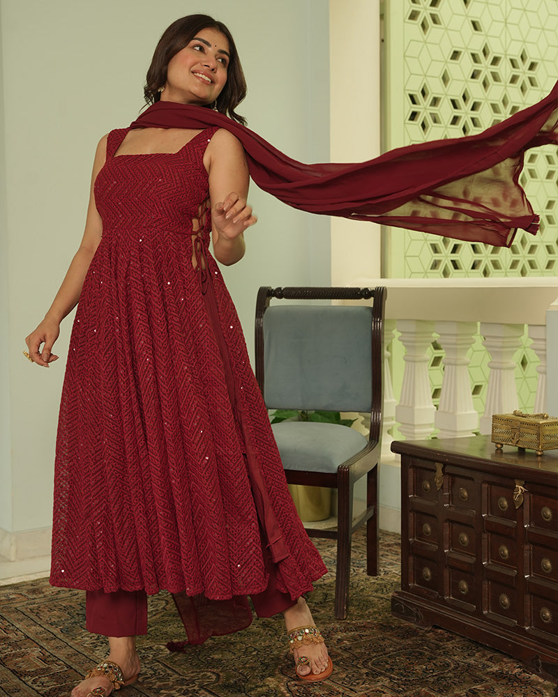 Maroon Color Soft Georgette Embroidered Lucknowi Salwar Suit