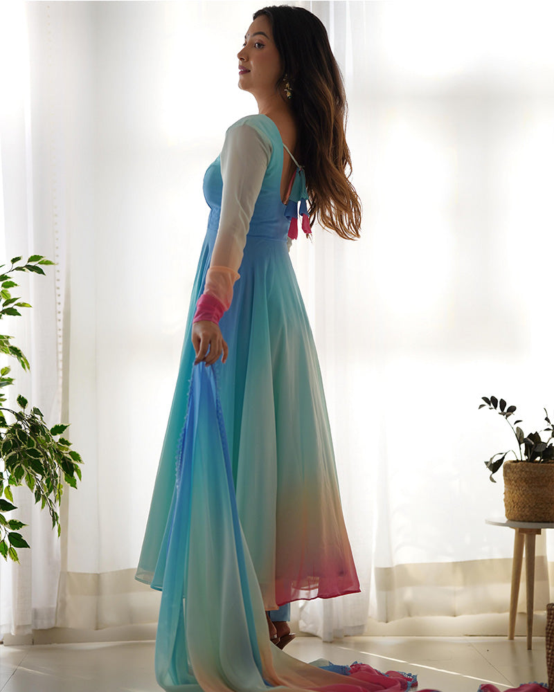 Multi Color Georgette Anarkali With Pant And Dupatta