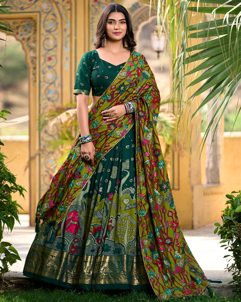 Kalamkari Print Green Color Tussar Silk Lehenga Choli