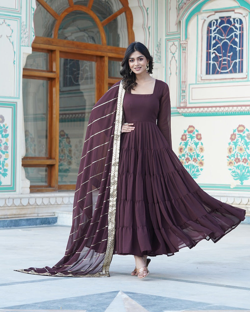 Brown Color Georgette Frill Anarkali Gown With Heavy Dupatta Work