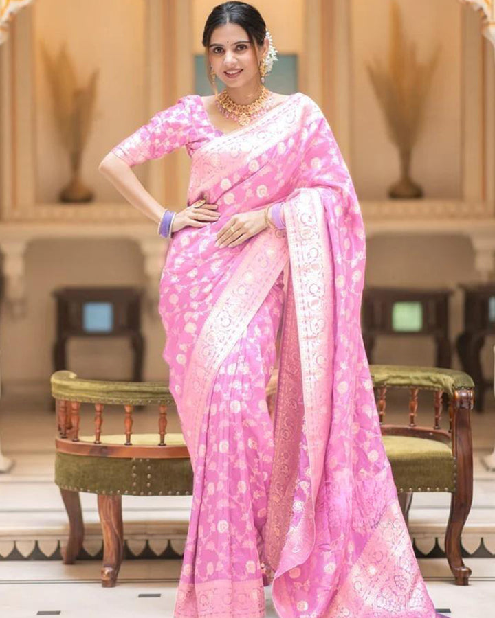 Designer Pink Color Zari Work Banarasi Silk  Saree