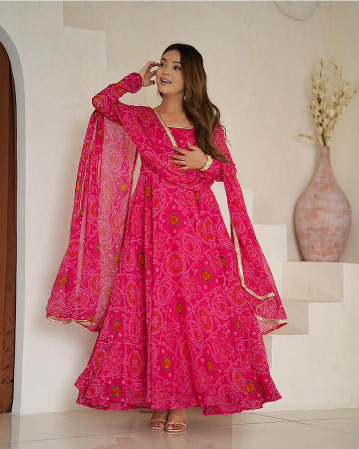 Rani Pink Color Soft Chiffon Anarkali Gown With Dupatta