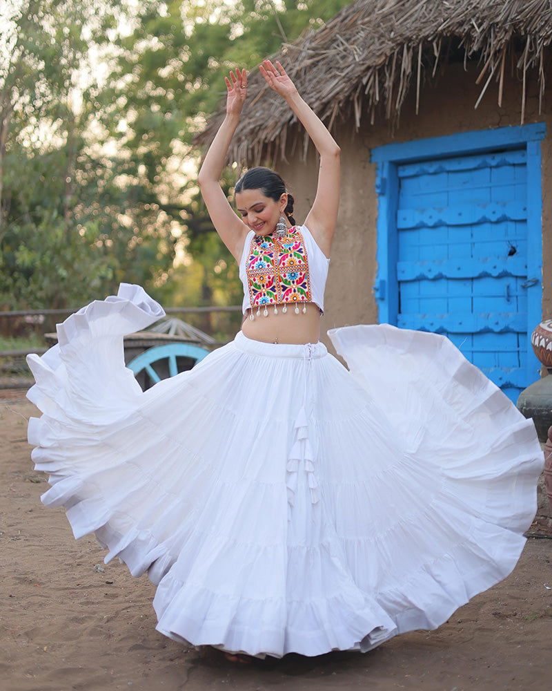 White Color Rayon Frill And Embroidered Navratri Lehenga