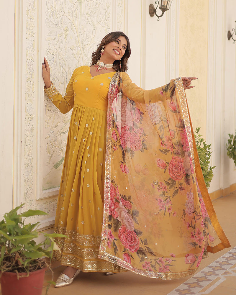 Beautiful Yellow Color Sequence Embroidered Anarkali Gown