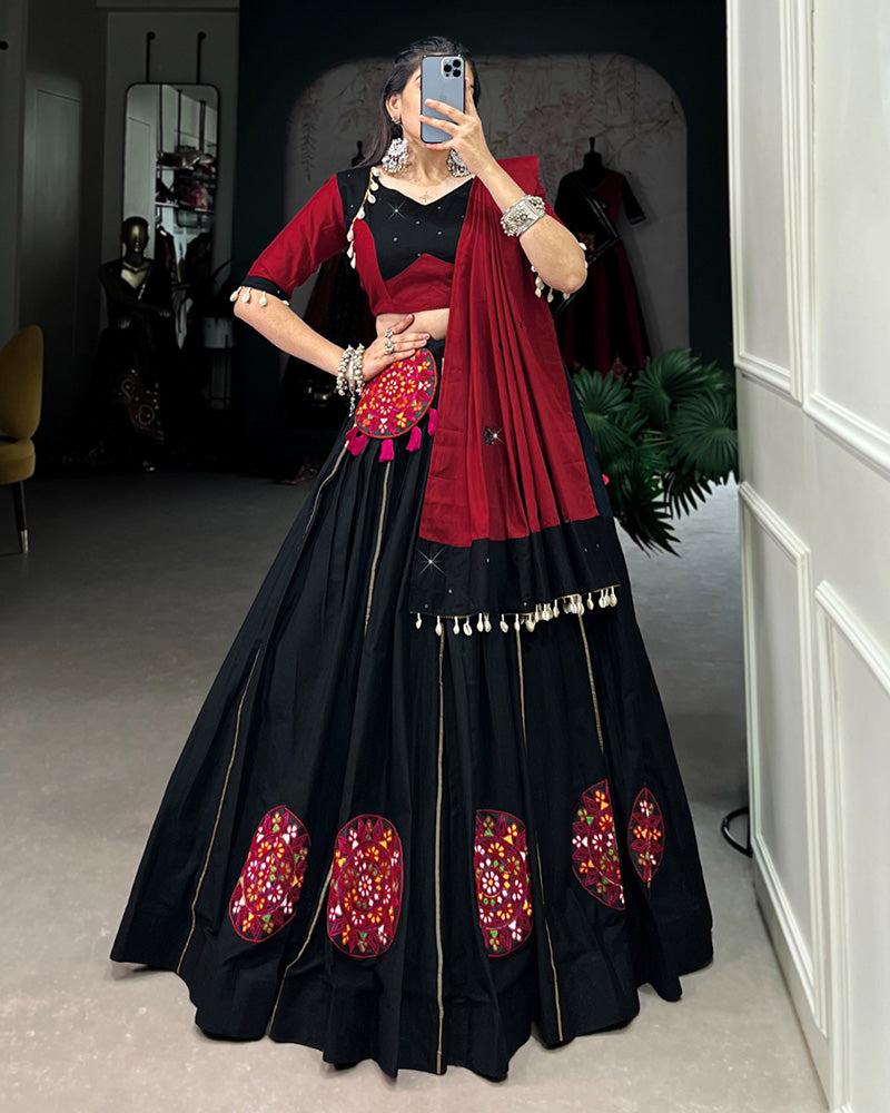 Red And Black Color Pure Cotton Gamthi Work Navratri Lehenga Choli