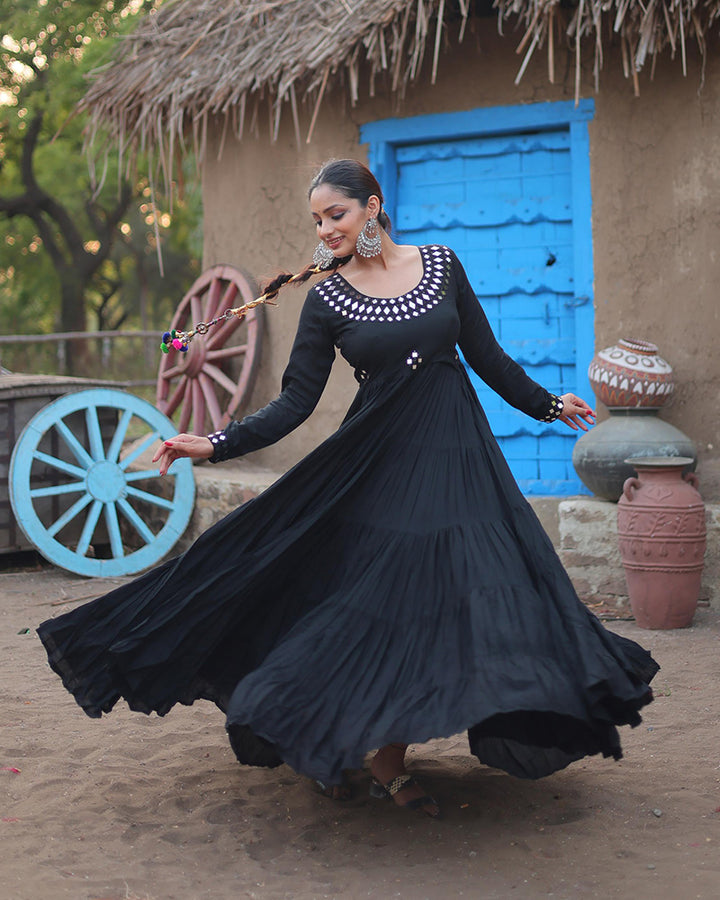 Navratri Special Black Color Reyon Mirror Work Gown