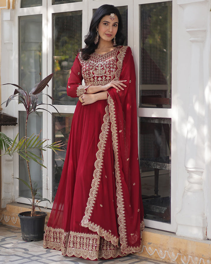 Designer Ruby Red Color Gown With Sequence Embroidered Dupatta