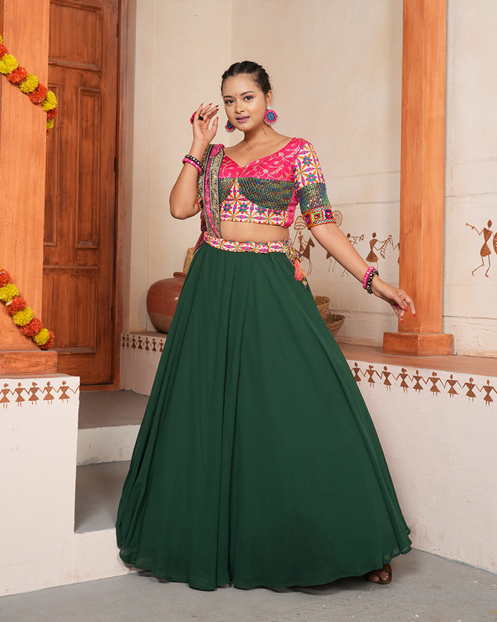 Green Color Georgette Embroidered Navratri Lehenga Choli