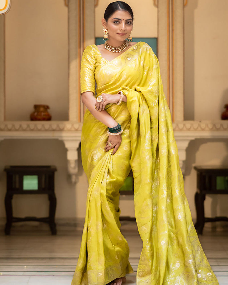 Designer Lemon Color Jacquard Weaving Banarasi Silk Saree