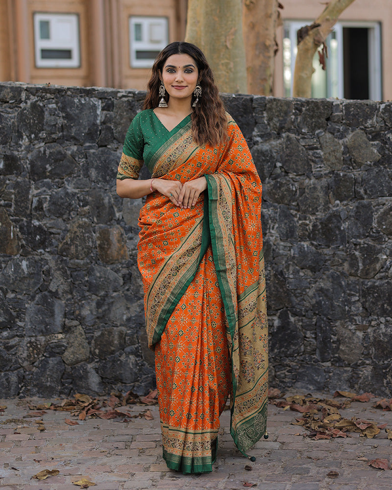 Orange Color Foil Print Stone Work Dola Silk Saree