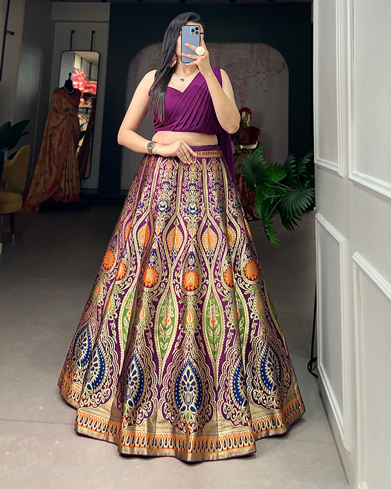 Wine Color Beautiful Banarasi Silk Full Stitched Lehenga Choli