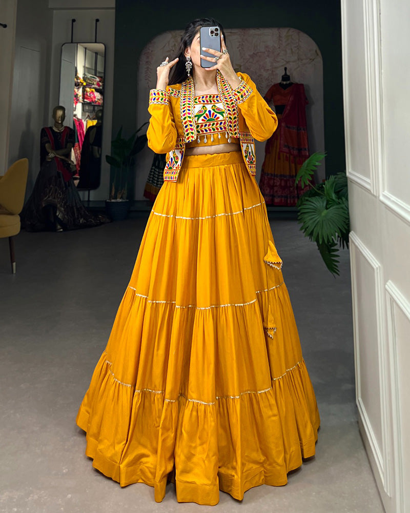 Mustard Color Pure Rayon Frill And Gamthi Work Navratri Lehenga Choli