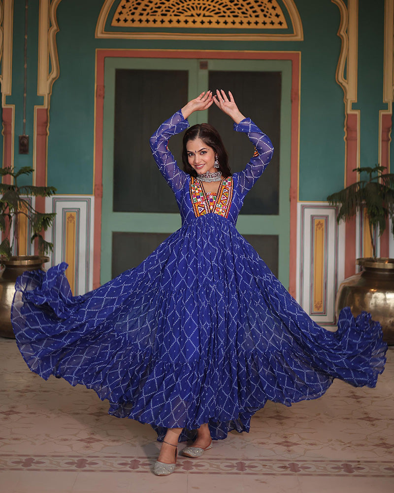 Navratri Special Blue Color Faux Georgette Bandhej Gown