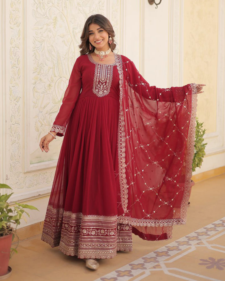 Exclusive Design Maroon Color Anarkali Gown With Sequence Embroidery Dupatta