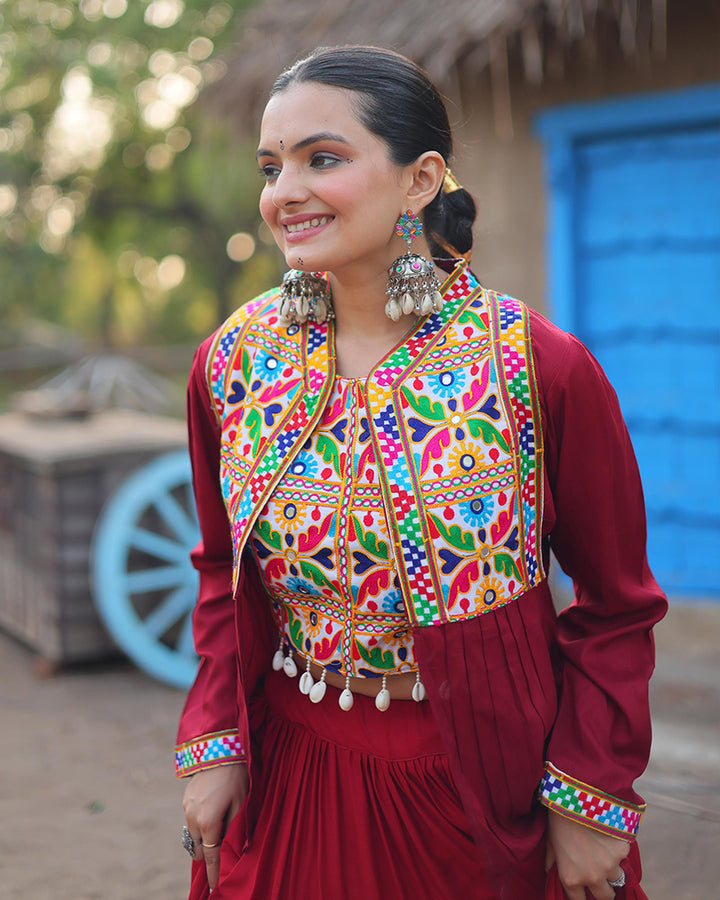 Maroon Color Rayon Frill And Embroidered Navratri Lehenga Choli