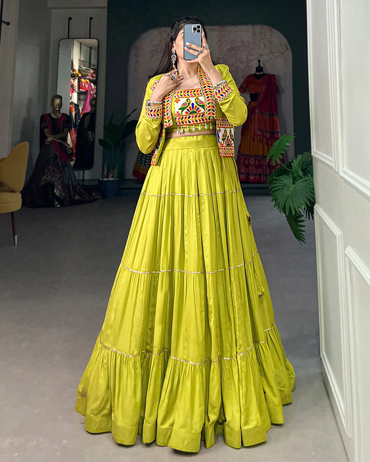 Parrot Green Color Pure Rayon Frill And Gamthi Work Navratri Lehenga Choli