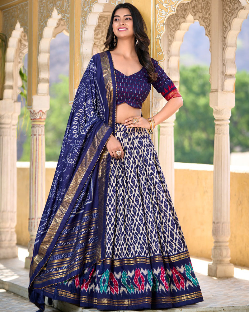 Navy Blue Color Tussar Silk Ikkat And Foil Work Lehenga Choli